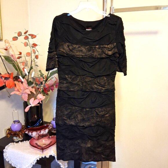 NWT Simon Chang Women's Well Tailored ¾ Sleeve Brown Gold Midi Lined Dress 8 M - Picture 10 of 11